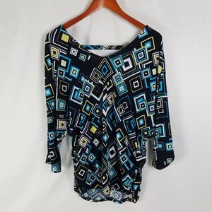 Versona Black Blue Geometric Print Dolman Sleeve Ruched‎ Top Womens Size Large